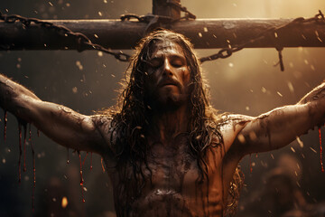 Powerful and poignant image of Jesus Christ on the cross, conveying sacrifice, salvation, and hope. A symbol of faith and love. - obrazy, fototapety, plakaty