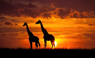 Fototapeta na wymiar A pair of graceful giraffes silhouetted against the vibrant hues of an African sunset