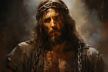 Jesus Christ sad face, conveying sacrifice, salvation, and hope. 