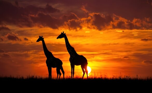 A pair of graceful giraffes silhouetted against the vibrant hues of an African sunset
