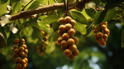 A cluster of Longan fruits hanging from a tree branch, surrounded by lush green leaves.