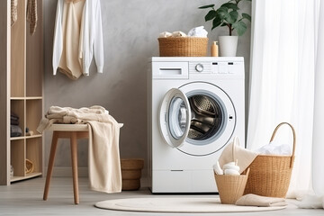 Laundry room interior with washing machine and basket with clean towels and accessories - obrazy, fototapety, plakaty