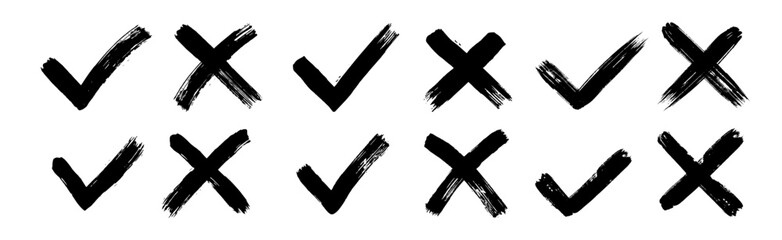 Dirty grunge hand drawn with brush strokes cross X and tick OK check marks V vector illustration set isolated on white background. Check mark symbol NO and YES buttons for vote in the box, web, etc - obrazy, fototapety, plakaty