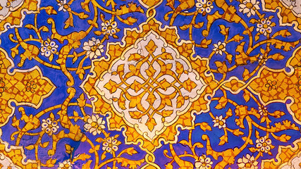 Ornament pattern at the wall of Tilya Kori Madrasa. Gold and blue. Traditional Uzbek decorative...