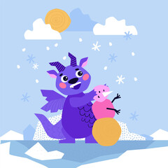 Dragon. February. Winter season. Cute Dragon cartoon mascot character. Happy New Year of the Dragon. The dragon made a snowman.