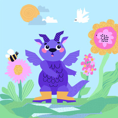 Dragon with ice cream in his hands. Flowers and insects. Summer season. Happy Chinese New Year 2024. Year of the Dragon.