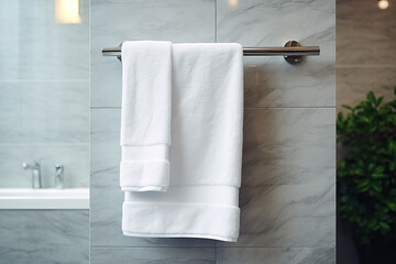 White towel hanging on the wall in the bathroom, Bathroom interior design