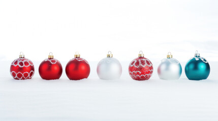 A row of colorful Christmas ornaments on snow