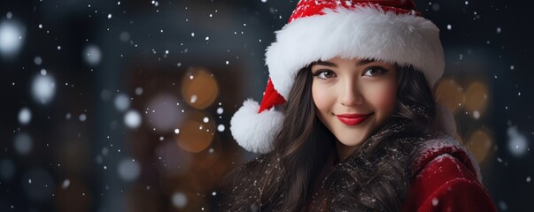Beautiful Girl Dressed As Santa Claus Space For Text. Сoncept Winter Wonderland, Festive Fashion, Santa Girl, Holiday Photoshoot, Seasonal Style