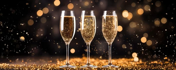 Fotobehang Celebration With Champagne Glasses Space For Text. Сoncept Holiday Decorations, Festive Cocktails, New Year's Eve Party, Cheers To The New Year © Ян Заболотний