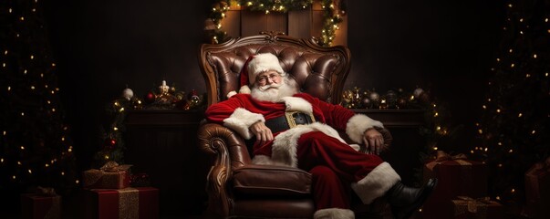 Santa Claus Comfortably Seated In An Armchair Space For Text. Сoncept Winter Wonderland, Cozy Christmas, Santa's Workshop, Festive Holiday Scene, Magical Santa Claus