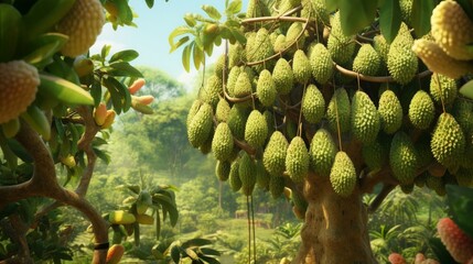 A Durian tree full of hanging fruits in various stages of ripeness, capturing the cycle of growth and harvest. - obrazy, fototapety, plakaty