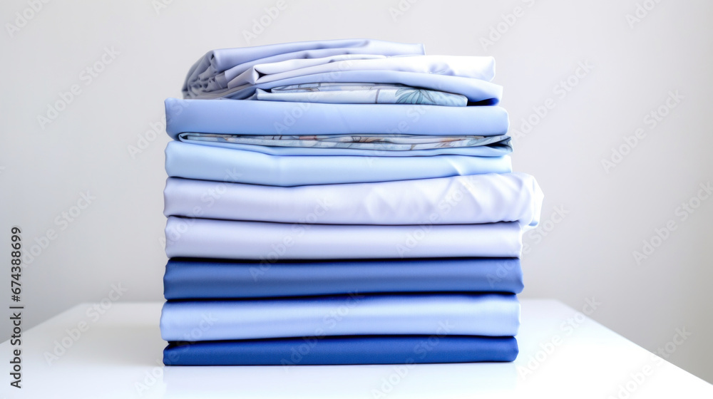 Poster folded clothes in stacks of various simple blue placed on a table on a light background