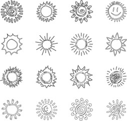 Sun line icon set. Sun outline star icons or logo collection. Summer, sunlight, sunset, sunburst. Vector illustration.