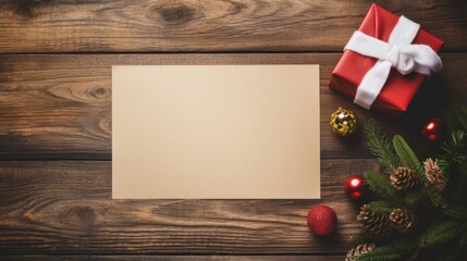 Top view of an empty Christmas banner on a wooden background with Santa Claus hat.