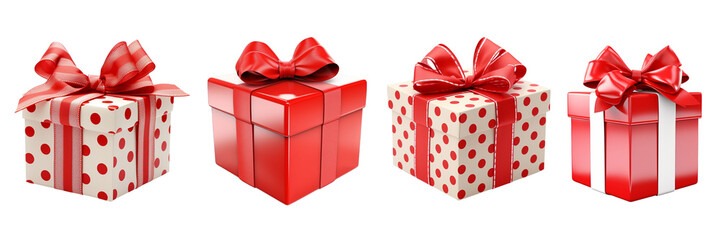 Set of gift box with red ribbon isolated on a transparent or white background - obrazy, fototapety, plakaty