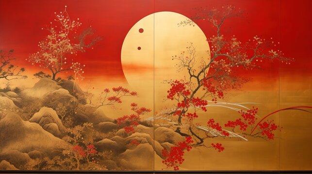 sun or moon horizon drawing, japanese style