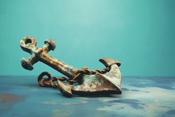 Old boat anchor on blue backdrop. Metallic rusty anchor for marine vessel stability. Generate ai