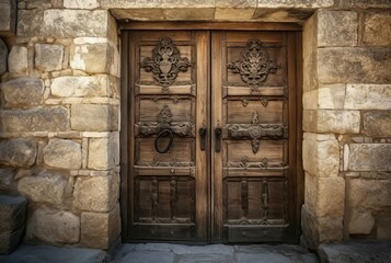 Fototapeta na wymiar Ancient wooden door with old decoration. Historical doorway architecture with medieval ornament. Generate ai