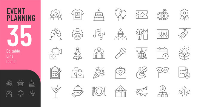 Event Planning Line Editable Icons set. Vector illustration in thin line modern style of party related icons: organization, decoration, planning, food and drink, and more. Isolated on white.