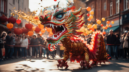 chinese new year, street festival, red dragon, life-size puppet, traditions, mythical animal, theater, performance, China, show, carnival, legend, symbol, Christmas, city, scary, eyes, face, teeth