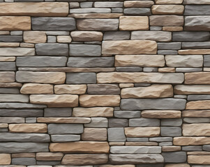 Fototapeta premium The stone wall is made of natural gray, brown and white stone slabs stacked in a striped pattern.