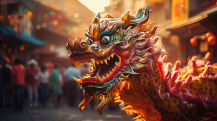chinese new year, street festival, red dragon, life-size puppet, traditions, mythical animal, theater, performance, China, show, carnival, legend, symbol, Christmas, city, scary, eyes, face, teeth - obrazy, fototapety, plakaty