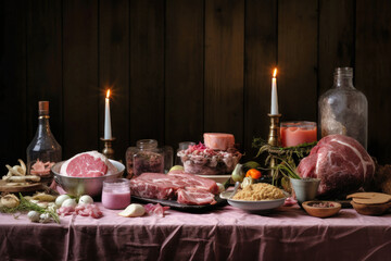 Set of sausages, salami, ham and smoked meats with rosemary cheese and spices on a dark background. Delicacy meat products.