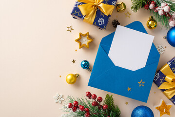 Capture the festive spirit with a top-view shot of an empty wish list envelope surrounded by...