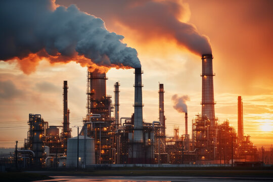 Oil refinery plant from industry zone, Aerial view oil and gas industrial, Refinery factory oil storage tank and pipeline steel at sunset. Smoke from the pipes.