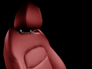 Naklejka premium Car red leather interior. Part of red leather car seat details with white stitching. Interior of prestige car. Perforated leather seats isolated on black. Perforated leather.