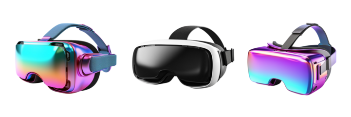 Set of virtual reality headsets isolated on a transparent or white background