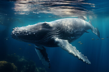 A Baby Humpback Whale Plays Near the Surface in Blue