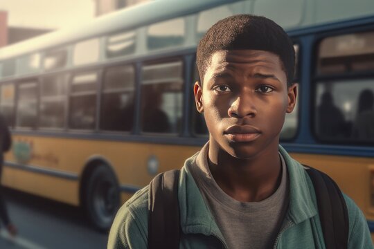 Black african tenage student bus. Males leisure studing activity. Generate Ai