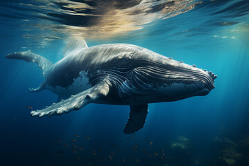 A Baby Humpback Whale Plays Near the Surface in Blue