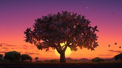A jackfruit tree at sunset, with the fruit silhouetted against the colorful evening sky.