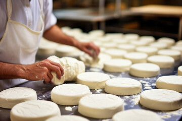 Photo of a man kneading cheese pastries in an apron. Industrial cheese production plant. Modern technologies. Production of different types of cheese at the factory.