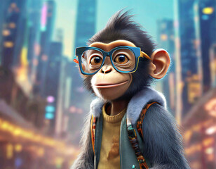 Smart happy monkey with glasses, ultra realistic, toddler, city background art design animal world play space