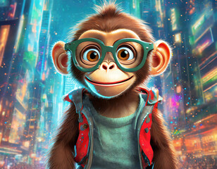Smart happy monkey with glasses, ultra realistic, toddler, city background art design animal world play space