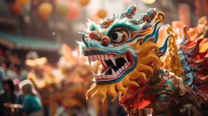 chinese new year, street festival, red dragon, life-size puppet, traditions, mythical animal, theater, performance, China, show, carnival, legend, symbol, Christmas, city, scary, eyes, face, teeth