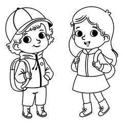 Black and white vector illustration of a kindergarten aged girl and a boy.
