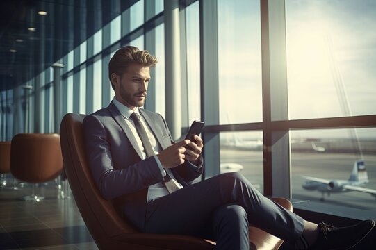 Businessman sitting in airport waiting lounge using smartphone. Manager waiting business flight in airport terminal. Generate ai
