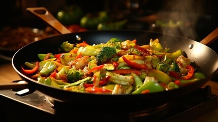 A Chayote-based stir-fry sizzling in a wok, with vibrant vegetables and seasonings.