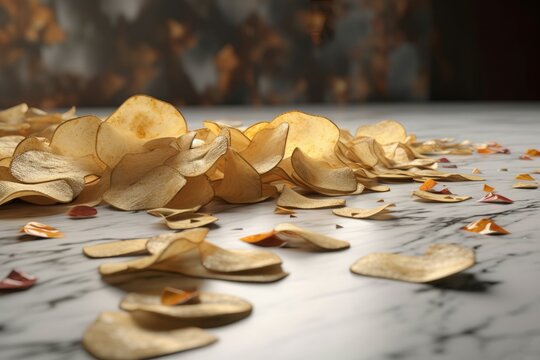 Chips potato snack scattered on table. Unhealthy salted fat fried food on tabletop. Generate ai