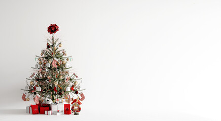 Fototapeta na wymiar Big beautiful christmas tree decorated with beautiful shiny baubles and many different presents on white wooden floor. White wall background. 3d render.