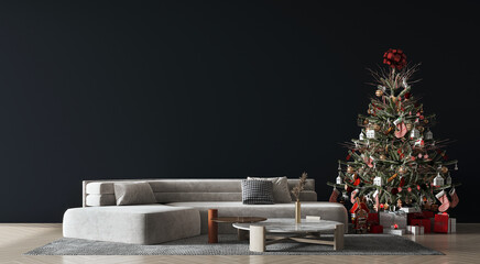 Big christmas tree decorated with beautiful living room and many different presents on wooden floor. Blue wall background. 3d render.