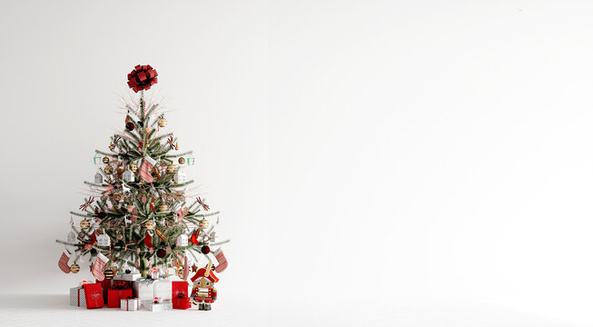 Big beautiful christmas tree decorated with beautiful shiny baubles and many different presents on white wooden floor. White wall background. 3d render.