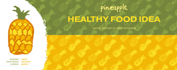 Vector seamless pattern with color hand drawn pineapple ornament. Healthy food idea banner template design. Organic ananas label template. Fruit and berries doodles for natural cosmetic design. - obrazy, fototapety, plakaty