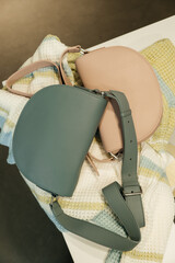 The choice of clothes, the girl's hand in choosing a dress, an outfit on a hanger in the wardrobe in the room, a closet at home. Wardrobe in the house. Clothes for women. Bags. Clothing store.