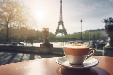 Cappuccino cup on table with tour Eiffel scenic view. French morning breakfast in romantic Paris. Generate ai